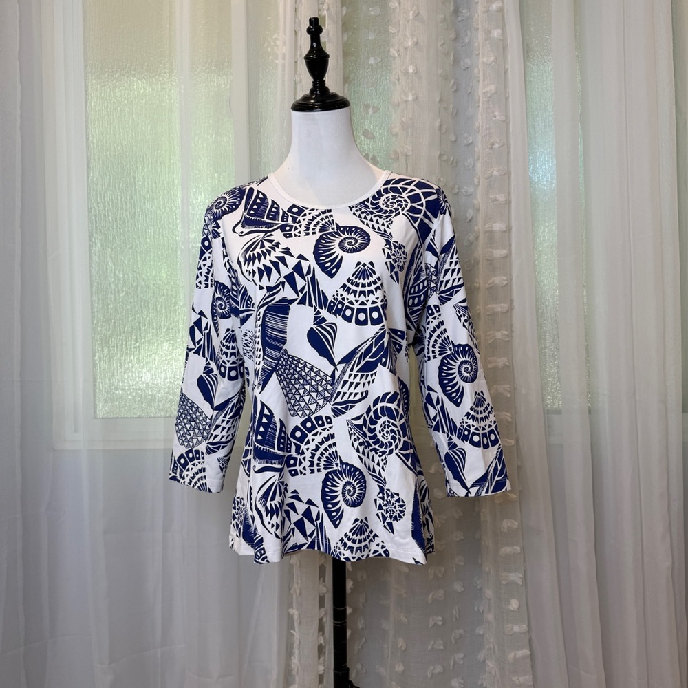 J. McLaughlin Navy and White Patterned Blouse